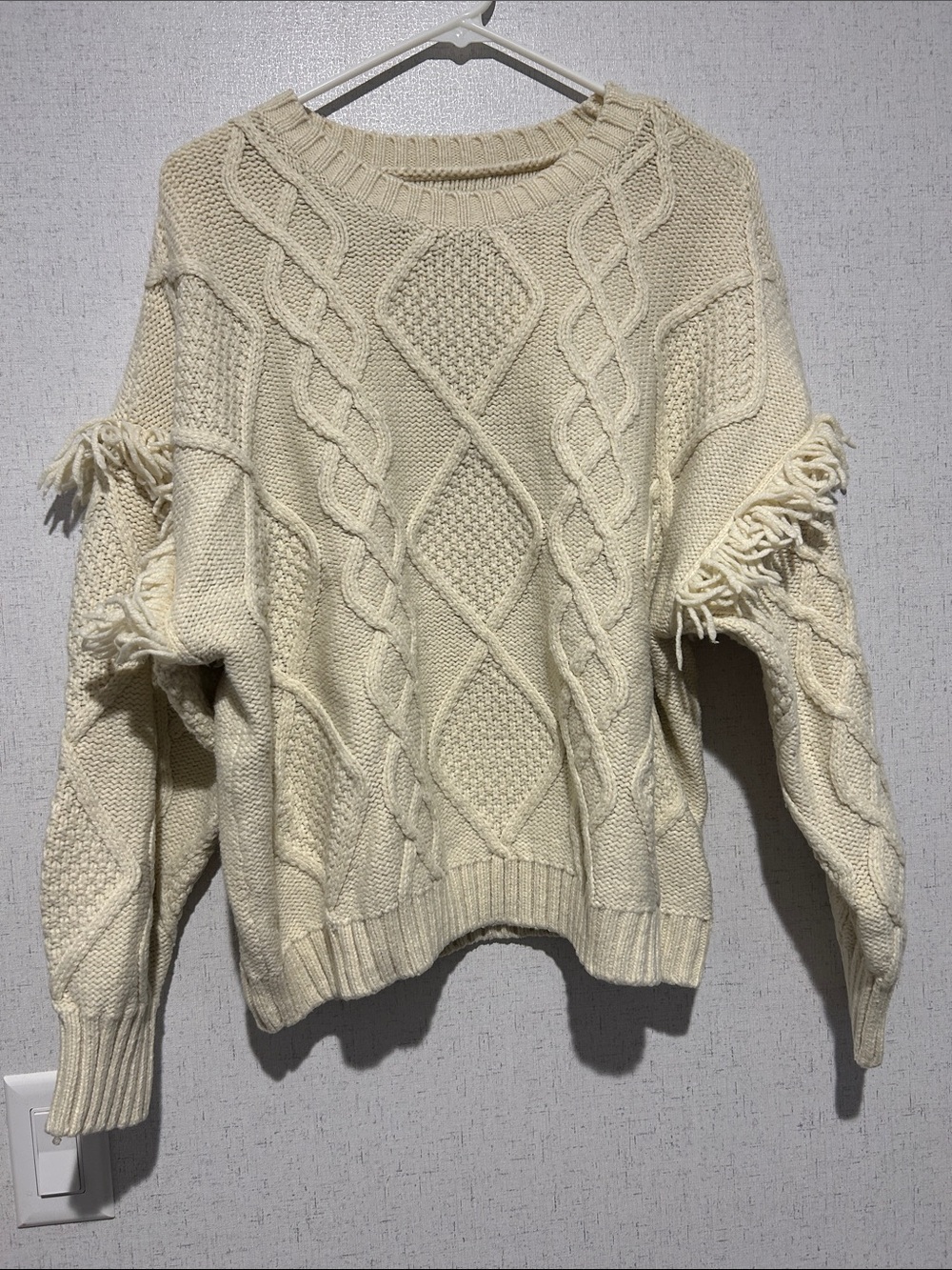 American Eagle Outfitters Cream Cable Knit Fringe Crewneck Sweater